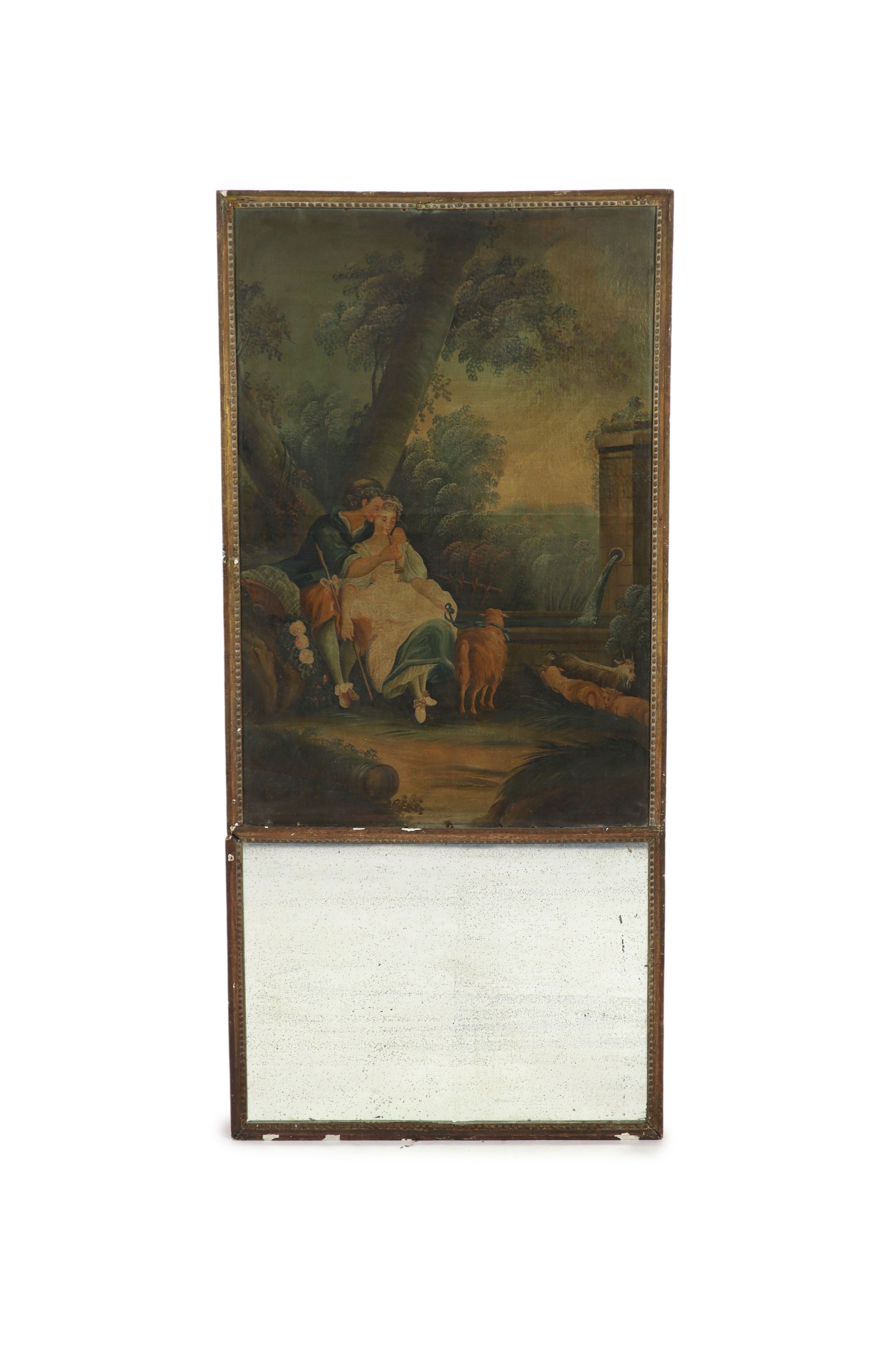 Late 19th century French School, Pastoral lovers, Oil on canvas, 100 x 67cm. Overall 156 x 72cm.